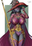  1girl au_ra black_hair black_hat breasts colored_skin commission dated dragon_horns dress final_fantasy final_fantasy_xiv gauntlets gradient_hair grey_skin hair_over_one_eye hat highres horn_ornament horn_ring horns large_breasts lipstick long_hair looking_at_viewer makeup multicolored_hair open_mouth panties purple_dress purple_hair purple_panties purple_thighhighs red_eyes smile solo thighhighs underwear very_long_hair vgen_commission warrior_of_light_(ff14) witch_hat yamamori_kinako 