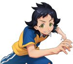  1boy black_hair collar green_eyes grin inazuma_eleven_(series) inazuma_eleven_victory_road kido_satoru kokuro_(kosyari) male_focus raimon raimon_soccer_uniform running shirt short_sleeves simple_background smile soccer_uniform solo sportswear teeth twitter_username upper_body white_background white_collar yellow_shirt 