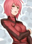  :p ahoge bodysuit fumio_(rsqkr) gundam gundam_seed gundam_seed_destiny looking_at_viewer lunamaria_hawke red_bodysuit red_eyes red_hair short_hair skin_tight solo tongue tongue_out upper_body 