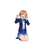  1girl \m/ black_socks blazer blue_bow blue_bowtie blue_jacket blue_skirt blush bow bowtie diagonal-striped_bow diagonal-striped_bowtie diagonal-striped_clothes double_\m/ dress_shirt food food_on_face full_body hands_up hoshizora_rin jacket long_sleeves looking_at_viewer love_live! love_live!_school_idol_festival love_live!_school_idol_project miniskirt murota_yuuhei nico_nico_nii no_shoes official_art one_eye_closed open_mouth orange_hair otonokizaka_school_uniform plaid_clothes plaid_skirt pleated_skirt rice rice_on_face school_uniform seiza shirt short_hair sitting skirt smile socks solo striped_clothes teeth transparent_background upper_teeth_only white_shirt winter_uniform yellow_eyes 