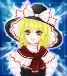  :d bangs black_hat black_vest blonde_hair blue_background border bow floradanika hair_bow hat hat_bow kirisame_marisa lace_trim looking_at_viewer open_mouth puffy_sleeves red_scarf scarf shirt short_hair smile solo star touhou turtleneck upper_body vest white_bow white_shirt witch_hat yellow_eyes 