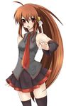  bare_shoulders brown_hair detached_sleeves little_busters! long_hair masayu miniskirt natsume_rin necktie parody red_eyes skirt solo thighhighs vocaloid zettai_ryouiki 