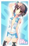  ayase_hikaru bangs blush nagato_yuki open_clothes open_shirt shirt short_hair shorts solo suzumiya_haruhi_no_yuuutsu 