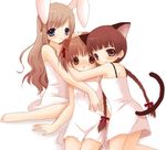  animal_ears artist_request blush bunny_ears cat_ears dress duplicate fukuzawa_yumi girl_sandwich hug maria-sama_ga_miteru multiple_girls sandwiched shimazu_yoshino tail toudou_shimako 
