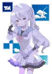  1girl 9-nine- 9ra4ki33 :3 :p absurdres ahoge alternate_eye_color belt blush_stickers bow bowtie braid closed_mouth commentary cowboy_shot dress frilled_dress frills green_ribbon grey_belt grey_hair hair_between_eyes hair_ribbon hand_on_own_hip hand_up highres index_finger_raised long_hair long_sleeves looking_at_viewer niimi_sora pink_bow pink_bowtie pink_eyes ribbon school_uniform side_ponytail sidelocks simple_background single_braid smile solo tongue tongue_out v-shaped_eyebrows very_long_hair white_background white_dress 