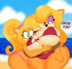 2025 3barts 5_fingers absurd_res accessory activision anthro bandicoot beach big_breasts bikini bikini_bottom bikini_thong bikini_top blonde_hair bottomwear breast_squish breasts clothed clothing cloud coco_bandicoot crash_bandicoot_(series) curvy_figure detailed_background dialogue digital_drawing_(artwork) digital_media_(artwork) duo english_text eyelashes eyeshadow female female/female fingers fur green_eyes hair hair_accessory hair_tie heart_eyes heart_symbol hearts_around_head hi_res hug huge_breasts huge_hips huge_thighs lipstick long_hair makeup mammal marsupial midriff motion_lines multicolored_body multicolored_fur open_mouth open_smile orange_body orange_fur outside pink_bikini pink_clothing pink_eyeshadow pink_lipstick pink_swimwear red_bikini red_clothing red_swimwear sea skimpy skimpy_bikini skimpy_swimwear smile squish swimwear tan_body tan_fur tawna_bandicoot text thick_thighs tongue two-piece_swimsuit two_tone_body two_tone_fur voluptuous voluptuous_anthro voluptuous_female water wide_hipped_anthro wide_hipped_female wide_hips