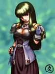  arm_at_side bangs belt blunt_bangs bracer breasts cleavage cowboy_shot dress eyelashes gem gloves gorget green_background green_hair head_tilt hisahiko holding holding_hair large_breasts light_smile lips long_hair looking_at_viewer ouka_nagisa pauldrons purple_gloves red_eyes red_lips shiny shiny_hair sidelocks solo straight_hair super_robot_wars super_robot_wars_original_generation 