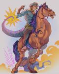  1boy argyle_clothes argyle_sweater blonde_hair blue_bow blue_eyes blue_helmet blue_sweater boots bow brown_boots brown_gloves brown_pants clawed_gauntlets cracked_skin diego_brando dinosaur_tail fangs full_body gloves helmet highres horse horseback_riding jojo_no_kimyou_na_bouken karmisty1 long_sleeves male_focus pants reins riding saddle scary_monsters_(stand) silver_bullet_(jojo) solo spurs stand_(jojo) standing steel_ball_run sweater tail turtleneck turtleneck_sweater 
