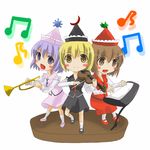 artist_request beamed_eighth_notes blonde_hair blush_stickers chibi eighth_note instrument keyboard_(instrument) lunasa_prismriver lyrica_prismriver merlin_prismriver multiple_girls musical_note siblings sisters touhou trumpet violin 