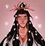  1boy black_hair braid bug butterfly chinese_clothes closed_eyes commentary cursed_shackle dimple earrings eyeliner flower fmd glowing glowing_butterfly glowing_flower hair_bun hair_flower hair_ornament hair_ribbon hanfu highres huadian jewelry layered_clothes long_hair makeup male_focus mismatched_earrings necklace parted_bangs pink_background portrait red_eyeliner ribbon scar scar_on_neck side_braid signature silver_necklace single_hair_bun smile solo sword_earrings symbol-only_commentary tianguan_cifu white_butterfly white_flower white_hanfu xie_lian 