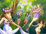  blue_eyes brown_hair catherine_bloom crown dorothy_catalonia dress duplicate eyebrows fairy flower forest forked_eyebrows gundam gundam_wing hair_slicked_back hat head_wreath jpeg_artifacts lady_une long_hair lucrezia_noin multiple_girls murase_shuko nature relena_peacecraft sally_po wand wings 