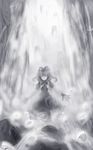  flx front_ponytail greyscale hair_ribbon kagiyama_hina long_hair monochrome no_eyes no_mouth no_nose outstretched_arms ribbon solo spread_arms touhou water waterfall 