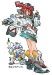  1girl amate_yuzuriha aqua_skirt armor black_gloves chibi chibi_inset commentary_request cosplay fake_horns fingerless_gloves full_body gloves gquuuuuux gquuuuuux_(cosplay) gundam gundam_gquuuuuux hakusaku hands_up helmet highres horned_helmet horns long_sleeves mecha_musume mechanical_boots mechanical_horns open_mouth puffy_long_sleeves puffy_sleeves red_hair red_horns short_hair skirt smile standing sweater teeth upper_teeth_only v v-fin white_gundam white_sweater 