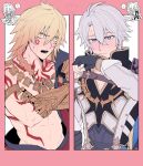  2boys abs absurdres antenna_hair arm_tattoo armlet armor bare_pectorals black_coat black_gloves black_shirt blonde_hair blue_cape blue_eyes blush border braid cape chest_tattoo chibi clawed_gauntlets coat collared_shirt commentary_request crossed_arms earrings facial_tattoo fingerless_gloves gloves gold_earrings gold_necklace gradient_hair hair_between_eyes highres honkai:_star_rail honkai_(series) jewelry kbutstrhy looking_at_viewer male_focus multicolored_hair multiple_boys mydei_(honkai:_star_rail) necklace open_clothes open_coat open_mouth pauldrons pectorals phainon_(honkai:_star_rail) pink_border red_hair red_tattoo shirt short_hair shoulder_armor side_braid single_pauldron sweatdrop tattoo toned toned_male white_coat white_hair yellow_eyes 