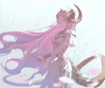  1girl aepori dress hair_flowing_over highres horns long_hair original pink_hair shadow short_sleeves solo spiral_horn very_long_hair white_background white_dress 