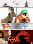  absurd_res anthro beagle_boys brown_hair buster_bunny canid canine canis clothing coat dialogue disney domestic_dog ducktales ducktales_(2017) duke_weaselton english_text eye_patch eyewear group gun hair hat headgear headwear hi_res human kerchief lagomorph leporid looney_tunes male mammal mustelid musteline rabbit ranged_weapon rcblackdie rcblackdie_(character) scar shooting shotgun speech_bubble text tiny_toon_adventures topwear true_musteline warner_brothers weapon weasel zootopia 
