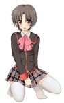  blush bob_cut bow brown_eyes brown_hair crossdressing kneeling little_busters! male_focus masayu naoe_riki otoko_no_ko pink_bow plaid plaid_skirt school_uniform short_hair skirt solo spread_legs squatting thighhighs zettai_ryouiki 