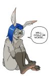  anthro barefoot blue_hair buckteeth colored_nails dialogue easter easter_bunny erika_(psychopolecat) eyewear feet female glasses hair hi_res holidays humanoid implied_transformation lagomorph leporid mammal nailpolish nails nude nude_anthro nude_female psychopolecat rabbit round_glasses solo teeth trans_(lore) trans_woman_(lore) transformation 