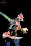 absurd_res angry anthro armor bared_teeth daglassman4797 dragon dragon_(petruz) elemental_manipulation facial_markings fire fire_manipulation glowing_weapon head_markings hi_res holding_object holding_weapon horn looking_at_viewer magic magic_user male markings melee_weapon multicolored_body mythological_creature mythological_scalie mythology red_body red_scales reverse_grip scales scalie small_horn solo sword weapon white_body white_scales