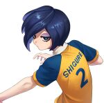  1boy back blue_hair collar green_eyes inazuma_eleven_(series) inazuma_eleven_victory_road kokuro_(kosyari) male_focus raimon raimon_soccer_uniform shigure_yuusuke shirt short_hair short_sleeves simple_background soccer_uniform solo sportswear upper_body white_background white_collar yellow_shirt 