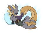 2025 anthro belt big_tail book bottomwear capcom claws clothed clothing fan_character fanged_wyvern feet foot_focus full_pad fuse_(razim) grey_body grey_scales hi_res jacket lunagaron male monster_hunter orange_body orange_eyes orange_scales paws reading scales scalie scruffkerfluff shirt shorts spikes tail tobi-kadachi tobi-lunagaron toe_claws topwear vest