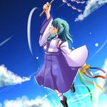  blue_skirt closed_eyes dagger detached_sleeves dual_wielding flying frog_hair_ornament gohei green_hair hair_ornament holding holding_weapon kochiya_sanae loafers long_sleeves mizushima_kai nontraditional_miko shoes short_hair skirt snake_hair_ornament solo touhou vest weapon 