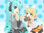  bad_anatomy blonde_hair green_eyes green_hair hatsune_miku kagamine_rin kuro_(be_ok) long_hair multiple_girls skirt very_long_hair vocaloid 