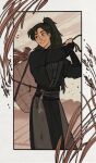  1boy basket black_border black_eyes black_hair black_hanfu border brown_sky brown_theme chinese_clothes cloud cloudy_sky commentary dimple erha_he_tadebai_mao_shizun field hanfu high_ponytail highres holding holding_basket long_hair long_sleeves looking_back male_focus mo_ran mountainous_horizon outdoors outside_border plant ponytail sky solo symbol-only_commentary tassel wheat white_border yaroslava_murashko 