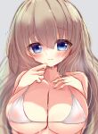  1girl 9-nine- absurdres alternate_costume bare_shoulders bikini blue_eyes blush breast_suppress breasts brown_hair cleavage closed_mouth covered_nipples eyes_visible_through_hair flying_sweatdrops grey_background hair_between_eyes halterneck hands_up hashtag-only_commentary highres kujou_miyako large_breasts long_hair looking_at_viewer micro_bikini nekota_min raised_eyebrows simple_background sketch solo straight-on sweat swimsuit upper_body white_bikini 
