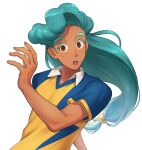  1boy brown_eyes collar dark-skinned_male dark_skin freckles green_hair inazuma_eleven_(series) inazuma_eleven_victory_road kokuro_(kosyari) long_hair male_focus open_mouth pompadour raimon raimon_soccer_uniform shirt short_sleeves simple_background soccer_uniform solo sportswear teeth tenguuji_rei twitter_username upper_body upper_teeth_only white_background white_collar yellow_shirt 