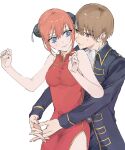  1boy 1girl bare_arms black_jacket blue_eyes breasts brown_hair bun_cover closed_mouth couple dress egakitai_(nhjx3285) gintama hetero highres hug hug_from_behind jacket kagura_(gintama) long_sleeves okita_sougo red_dress red_eyes short_hair side_slit simple_background sketch sleeveless sleeveless_dress small_breasts white_background 