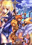  3girls bare_legs blonde_hair blue_eyes blue_sky bow bowtie cloud cross day dress fate_testarossa holding kouno_hikaru long_hair looking_at_viewer lyrical_nanoha mahou_shoujo_lyrical_nanoha mahou_shoujo_lyrical_nanoha_a's multiple_girls orange_hair raising_heart red_bow red_eyes red_neckwear schwertkreuz sky takamachi_nanoha thighhighs very_long_hair white_dress yagami_hayate yuuno_scrya 