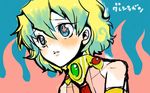  1girl bare_shoulders blonde_hair blue_eyes blue_hair brooch collar collarbone dress fire flame gem jewelry multicolored_hair necktie nia_teppelin pink_dress red_neckwear short_hair solo tengen_toppa_gurren_lagann two-tone_hair upper_body 