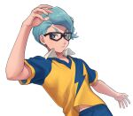  1boy aqua_eyes aqua_hair blue_shorts collar glasses hand_up inazuma_eleven_(series) inazuma_eleven_victory_road kokuro_(kosyari) male_focus purple_pupils raimon raimon_soccer_uniform shirt short_sleeves shorts simple_background soccer_uniform solo sportswear toono_zenya twitter_username upper_body white_background white_collar yellow_shirt 