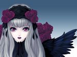  bangs bird_wings black_wings blue_background chin_strap expressionless feathered_wings flower gothic_lolita gradient gradient_background hairband kunishige_keiichi lace lips lipstick lolita_fashion lolita_hairband long_hair looking_at_viewer makeup original pale_skin parted_lips purple_eyes purple_flower purple_rose rose silver_hair solo upper_body wings 