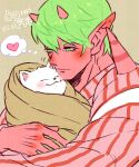  1boy 1other animal blush cat colored_skin commentary_request dragon_quest dragon_quest_x ear_blush green_background green_eyes green_hair heart holding holding_animal horns image_in_thought_bubble iyakika motion_lines nose_blush ogre_(dq10) pink_shirt pointy_ears red_horns red_shirt red_skin shirt short_hair shoulder_spikes speech_bubble spikes striped_clothes striped_shirt swaddled thought_bubble translation_request white_fur 