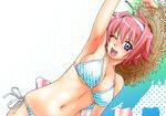  bikini hat kouda_tomohiro midriff pink_hair purple_eyes seka_x_seka straw_hat swimsuit terumo_masumi 