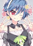  1boy 9-nine- ;p absurdres alternate_costume bare_shoulders black_dress blue_hair blush bow closed_mouth collarbone commentary crossdressing detached_collar double_v dress dress_bow enmaided eyes_visible_through_hair fukazawa_yoichi green_bow grey_background hair_between_eyes hands_up happy highres maid maid_headdress male_focus nine_ball_maid_uniform off-shoulder_dress off_shoulder one_eye_closed outline red_eyes short_hair simple_background smile solo sukonbu385 tongue tongue_out upper_body v very_short_hair white_outline 