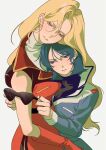  2girls aeug aqua_hair blonde_hair blue_eyes blue_hair blue_jacket cowboy_shot genderswap genderswap_(mtf) gloves gundam half-closed_eyes highres holding holding_removed_eyewear jacket kamille_bidan kena131 long_hair long_sleeves multiple_girls quattro_bajeena red_gloves red_jacket sad shirt sleeveless sleeveless_jacket sleeveless_shirt sunglasses unworn_eyewear zeta_gundam 