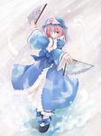  dancing fan folding_fan hitodama one_eye_closed saigyouji_yuyuko solo touhou yukitarou_(awamori) 