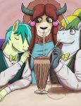 2019 5_fingers absurd_res anthro bent_arm black_clothing black_nose black_topwear black_vest blonde_eyebrows blonde_hair blue_body blue_clothing blue_dress blue_eyebrows blue_fur blue_horn blush booth bovid bovine bow_tie braided_pigtails brown_eyes button_(fastener) canon_x_oc chest_tuft clothed clothed_anthro clothed_female clothed_male clothing colored curved_horn digital_drawing_(artwork) digital_media_(artwork) dress drinking drinking_milkshake drinking_straw earth_pony english_description equid equine eyebrows eyelashes eyes_closed fan_character female female_anthro fingers friendship_is_magic fur green_bow_tie green_clothing green_hair green_topwear green_vest grey_hands grey_horn group hair hasbro hi_res holding_drinking_straw holding_object horn horse humped_back larger_anthro larger_female larger_male leaning_on_table light lighting long_hair looking_at_another looking_at_partner male male/female male_anthro mammal multicolored_hair my_little_pony mythological_creature mythological_equine mythology pink_wall polka_dot_bow_tie pony ponytail purple_hair_beads sandbar_(mlp) shaded size_difference skywater smaller_anthro smaller_male sol_bright topwear trio tuft two_tone_hair unicorn unicorn_horn vest wall_(structure) white_dress_shirt yak yellow_body yellow_bow_tie yellow_fur yona_yak_(mlp)