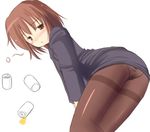  alcohol beer bent_over blush brown_eyes brown_hair copyright_request drunk mizushima_kai panties panties_under_pantyhose pantyhose solo thighband_pantyhose underwear 