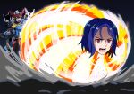  1boy absurdres blue_hair choukyuu_haou_den&#039;eidan g_gundam glowing gquuuuuux green_eyes gundam gundam_gquuuuuux highres mecha mecha_focus mobile_suit multicolored_hair nkeo open_mouth parody purple_hair red_eyes robot science_fiction short_hair shuji_ito spinning two-tone_hair v-fin 
