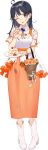  1girl ahoge alternate_costume animal black_hair boots brown_eyes bucket burnt_clothes cake cake_slice drew_(drew213g) elbow_carry flower food full_body holding holding_plant kantai_collection long_hair neck_flower official_art one_eye_closed open_mouth orange_flower orange_rose orange_skirt pansy pet pigeon-toed plant purple_flower purple_pansy rose short_sleeves skirt smile solo strawberry_shortcake tachi-e transparent_background ushio_(12th_anniversary)_(kancolle) ushio_(kancolle) v white_boots white_flower wristband 