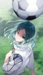  1boy absurdres back ball cie_x6 collared_jacket from_above grass green_hair highres inazuma_eleven_(series) inazuma_eleven_victory_road jacket long_hair looking_up male_focus medium_hair ponytail sasanami_unmei soccer_ball soccer_uniform solo sportswear upper_body white_jacket 