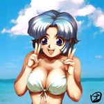  bikini blue_background blue_eyes blue_hair breasts cleavage cloud day double_v eyebrows_visible_through_hair front-tie_bikini front-tie_top hisahiko kusuha_mizuha large_breasts lowres open_mouth outdoors short_hair solo super_robot_wars swimsuit upper_body upper_teeth v 