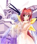  2girls blue_eyes blue_hair breasts kagami_sumika long_hair mecha multiple_girls muvluv nude red_eyes red_hair ribbon yashiro_kasumi 