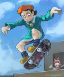  2girls adeleine bandana_waddle_dee black_hair blue_sky brown_shoes dark_meta_knight daroach fairy fairy_wings gooey_(kirby) hair_ribbon hat heart highres king_dedede kirby kirby_(series) kirby_64 magolor multiple_girls paintbrush pink_hair profanity red_hat red_ribbon ribbon ribbon_(kirby) shoes short_hair skateboarding sky somethinginworl tony_hawk&#039;s_pro_skater twitter_username wings 