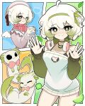  1boy 1girl ahoge animal_ears bare_shoulders beret black_bra blush bob_cut bra bra_strap breasts cleavage cleavage_cutout clothing_cutout cropped cup ferret ferret_ears ferret_girl food fruit gradient_hair green_hair green_sweater hair_between_eyes hairband hands_up hat headphones headphones_around_neck heart heikevbo highres holding holding_cup indie_virtual_youtuber jacket laimu_(vtuber) leaf light_smile lime_(fruit) lime_necklace lime_slice limon_(laimu) medium_breasts mini_wings mug multicolored_hair plaid_clothes plaid_scarf ribbon scarf short_hair sleeves_past_wrists smile sweater thighs two-tone_hair underwear uwu vinesauce virtual_youtuber waving white_hair white_sweater wings zettai_ryouiki 