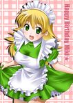  :d alternate_costume apron blonde_hair breasts dress enmaided green_dress green_eyes hoshii_miki idolmaster idolmaster_(classic) idolmaster_1 itsuki_sayaka large_breasts long_hair looking_at_viewer maid maid_fairy_tale maid_headdress open_mouth smile solo 